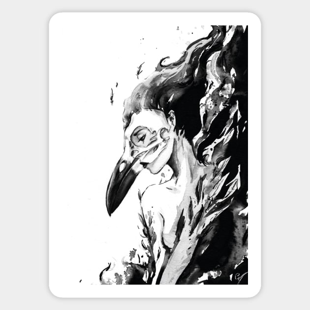 Raven Girl - Black Magic Skull Ink Painting Sticker by mendic